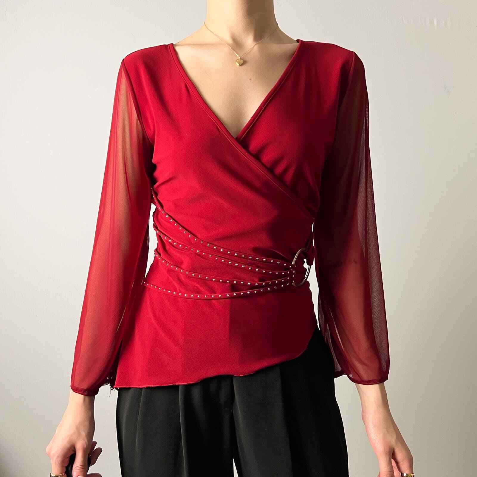 vintage y2k ruby red v neck mesh sleeves asymmetr… - image 3