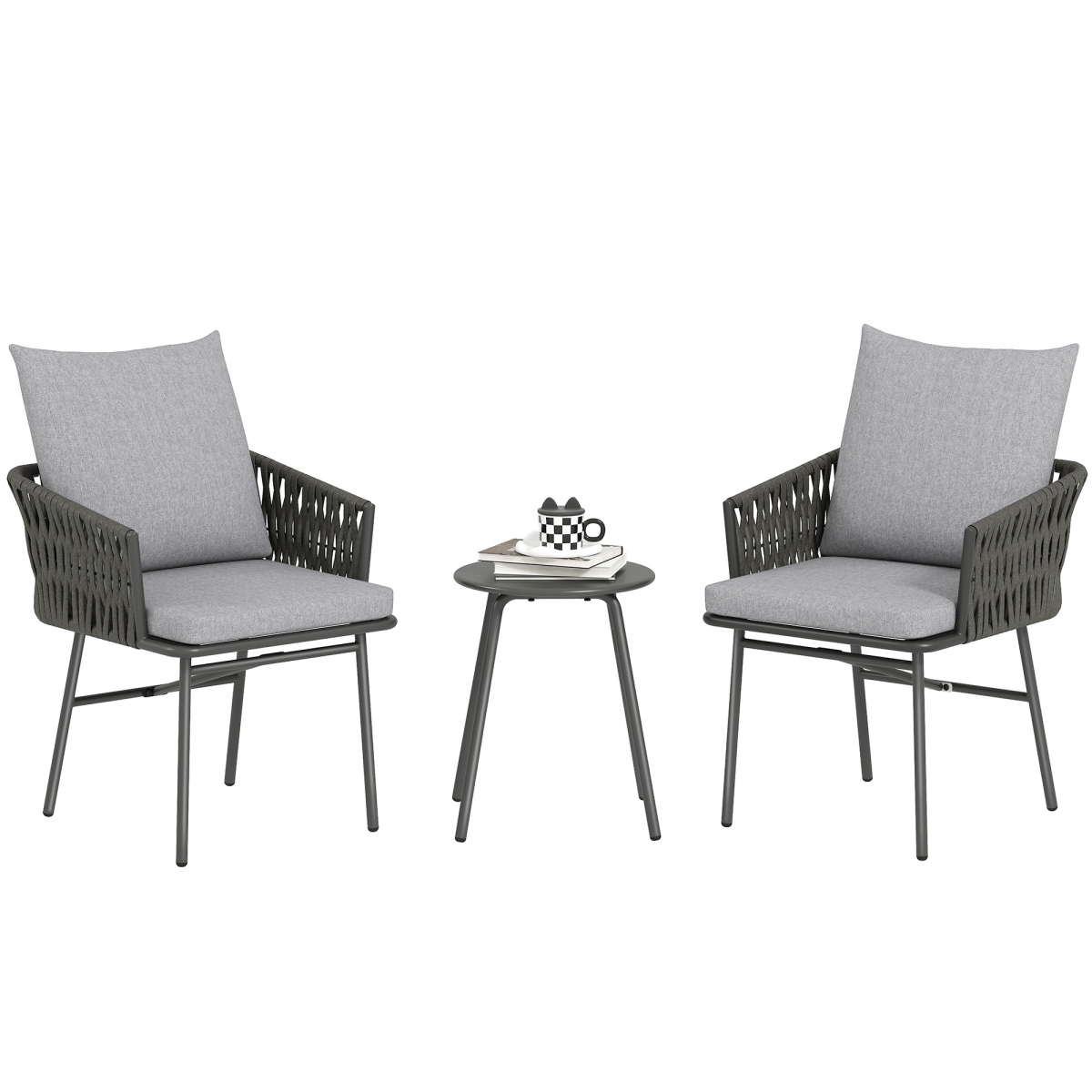 Outsunny Rattan Bistro Set - 2 Chairs & 1 Table - Grey - PE Rattan & Steel Frame - Image 2