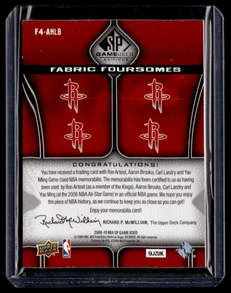 Cuarteto de tela usado para juegos 2009-10 SP Aaron Brooks/Carl Landry/Ron Artest/Yao Foto 2 de 2