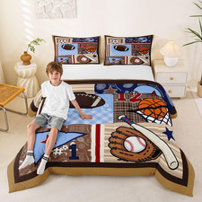 Boys Sports Comforter Set Full Size, 3Pcs Basketball Baseball Soccer Bedding