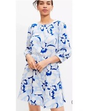 Loft Size L-Tall Linen Blend Dress Blue Floral A-Line Soft Coastal Breezy Career