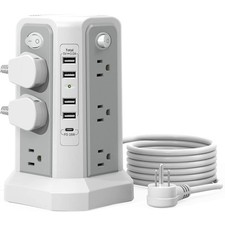 Surge Protector Power Strip Tower with PD18W USB C Port,10FT Gray White