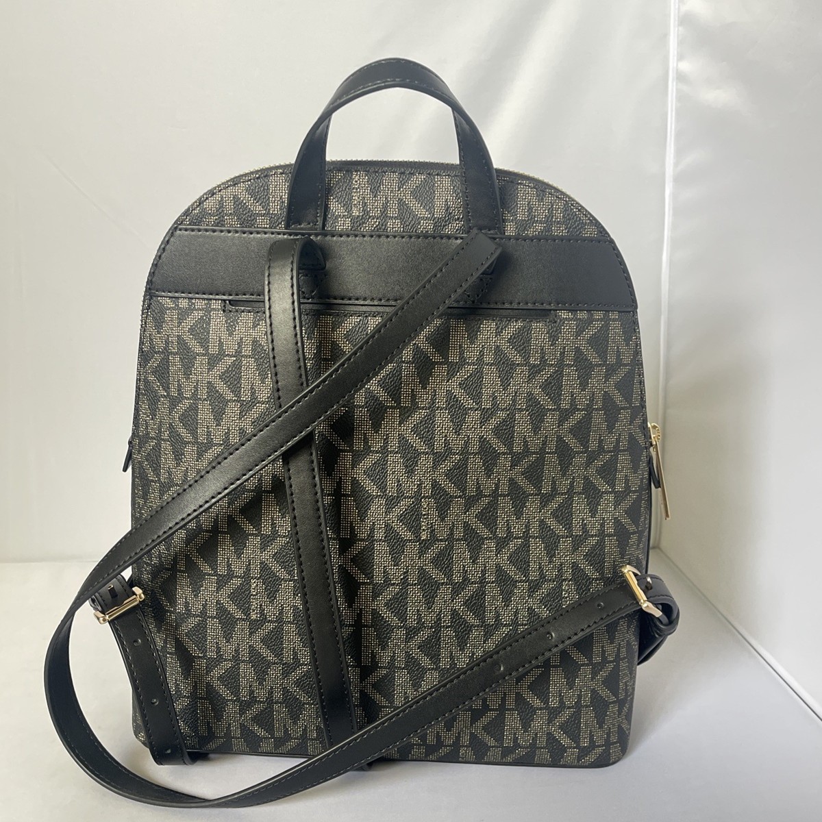 Michael Kors CINDY Black/Gold LOGO Large Slim Backpack, MK Bag Michael Kors Cindy Zip Large Bags & Handbags for Women for  main image 2