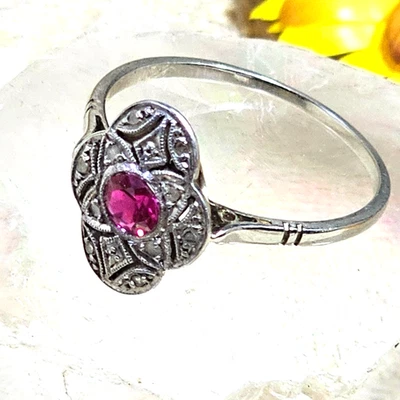 bague art déco or blanc roses diamant pierre rouge taille 55 - Photo 1/4