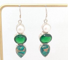 Rare Geniune Pearl Stone Sterling Silver Unique Drop Dangle Earrings Green Boho