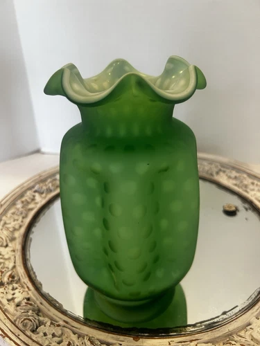 Vintage Fenton Green Satin Optic Dot Cased Pinch Vase 8" Rare