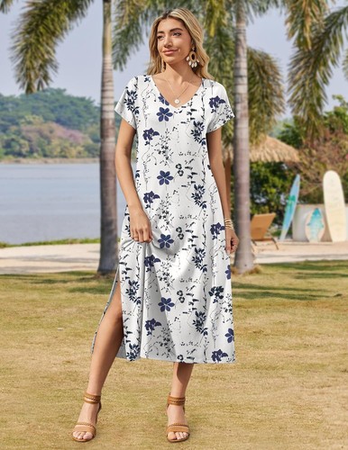 Summer Floral V-Neck Maxi Dress Short Sleeve Casual Beach Dress with Pockets - Picture 107 of 109