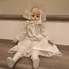 Brinn’s 1989 Porcelain Cloth Vintage 17" Doll Blonde White Dress Bonnet