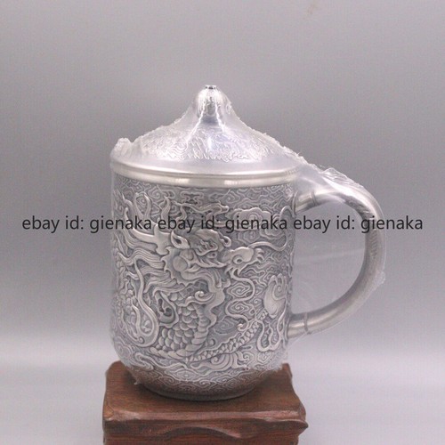 Fine 999 Pure Silver Mug Handmade Dragon Pattern with Lid Tea Cup Mugs 5.11inchH - Picture 8 of 11
