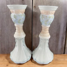 Tracy Porter Hand Painted Pillar Candle Stick Holder Set Ceramic Caldecott