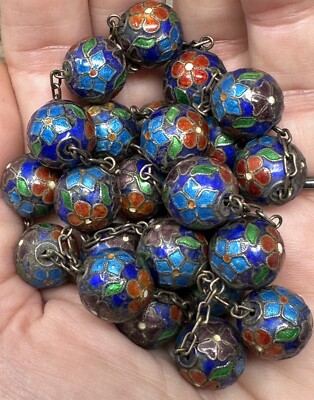 Vintage Chinese Export Enamel Cloisonne 800 Silver Chain Link Bead Necklace 29''