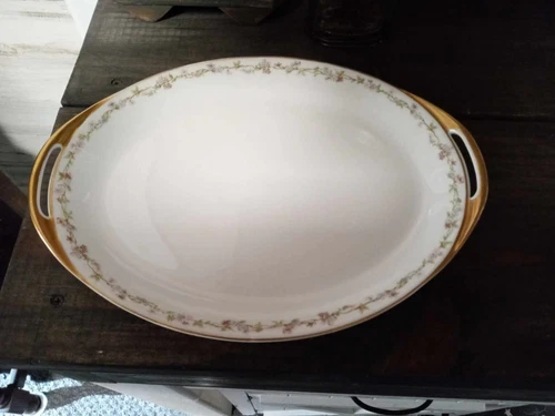 Vintage Haviland & Co Limoges France 13-1/2" Handled Platter Green & Pink Floral