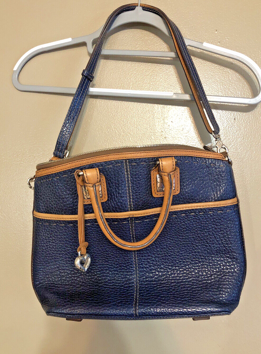 Brighton Archer Domed Satchel Navy Blue Pebble Leather Tan Trim