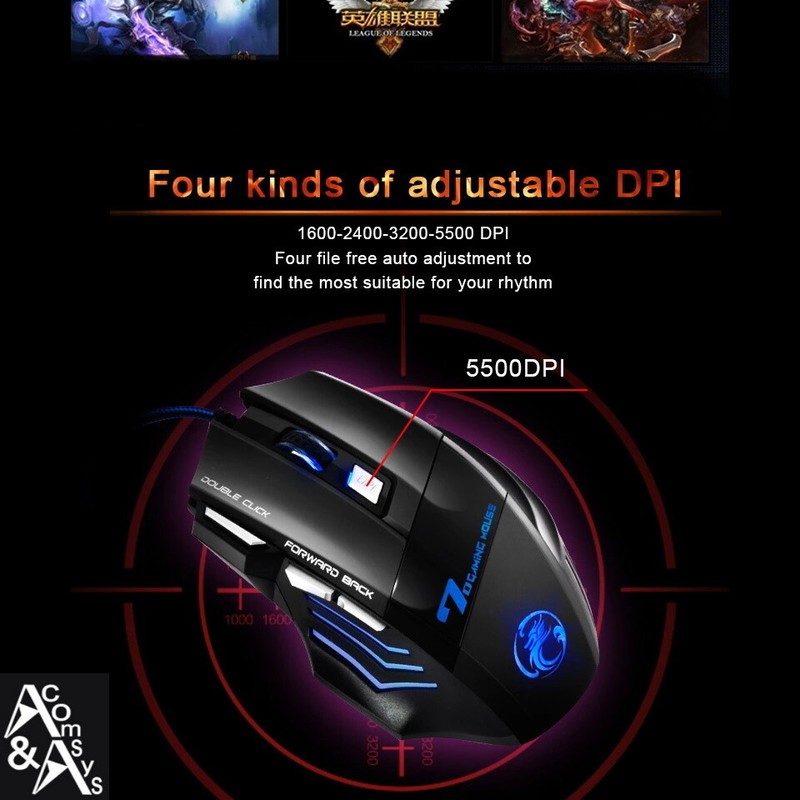 7 Button PC Gaming Mouse Illuminated Optical USB Gamer Mouse 2400DPI Computer #G