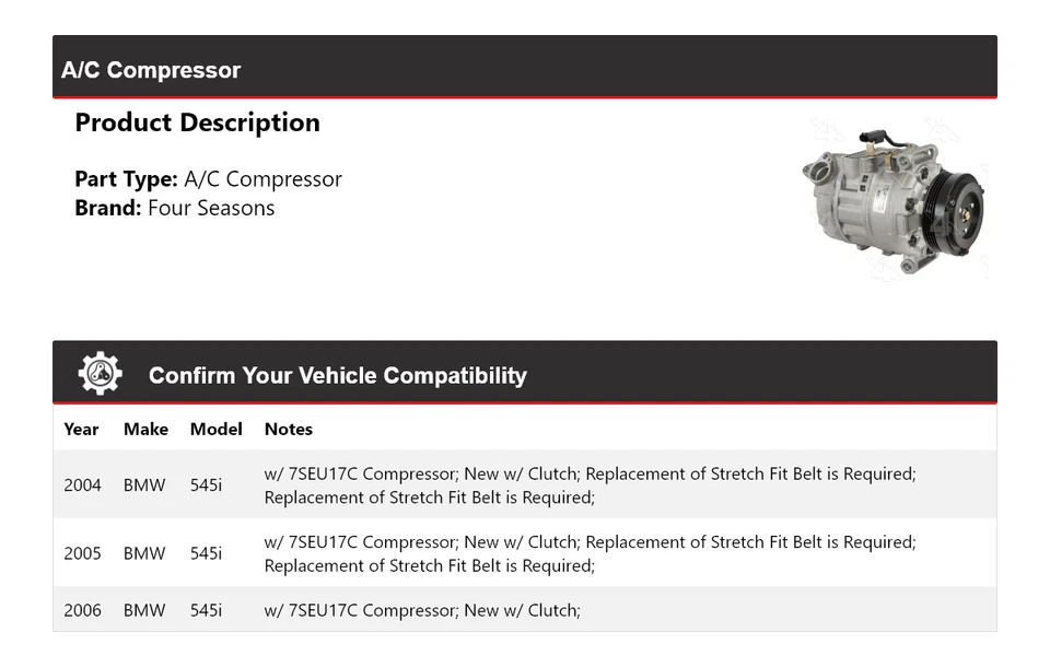 Compresor de aire acondicionado BMW 545i 2004-2006 4 estaciones 2005 Foto 2 de 4