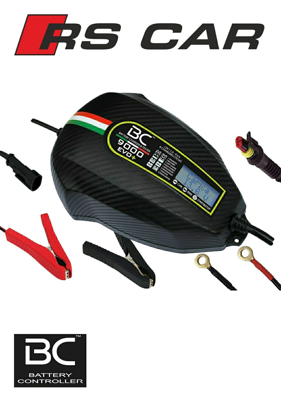 BC 9000 EVO + CHARGE E TEST CARICA BATTERIA MANTENITORE DI CARICA PER AUTO MOTO