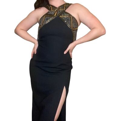 Vintage A.J. Bari Beaded Sleeveless Cross Neckline Slit Hem Black Gold Dress  | eBay
