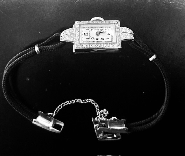 Vintage woman's Movado Platinum Diamond Fancy Dress Wrist Watch Black Cord Strap