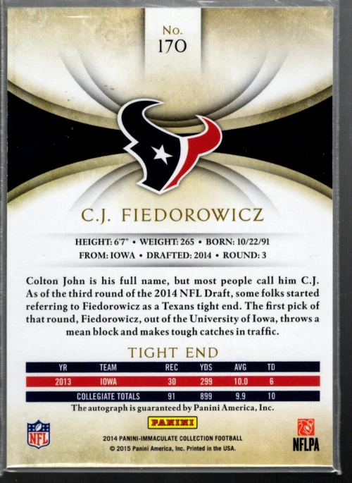 B4277- 2014 Immaculate Collection Gold #170 C.J. Fiedorowicz Auto /10 - NM-MT - Image 2 of 2