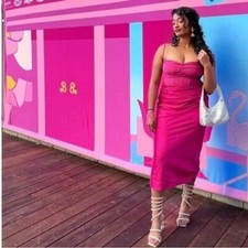 House of CB midi dress size M Teia draped corset satin hot pink