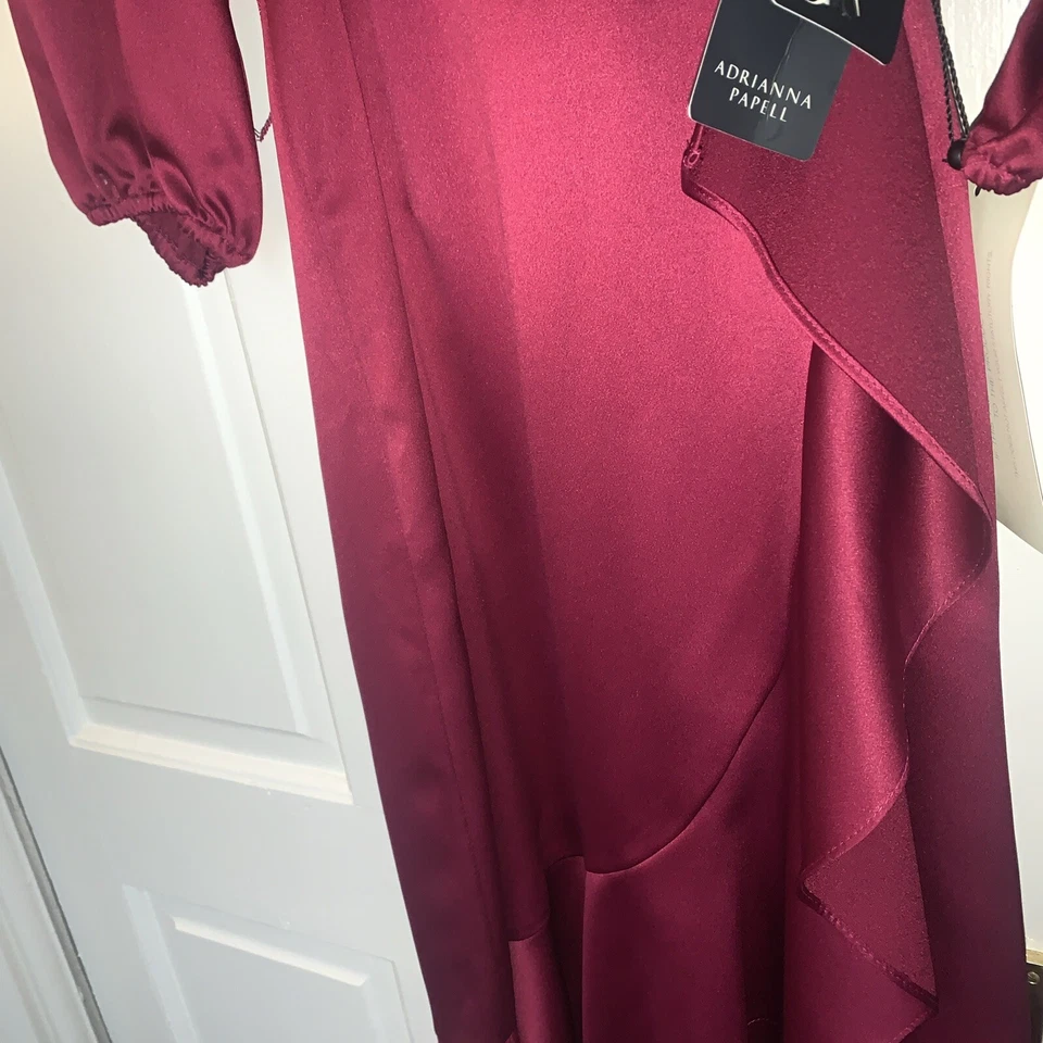 Vestido envolvente de seda satinado Adrianna Papell borgoña caoba para mujer talla 12 Foto 3 de 4