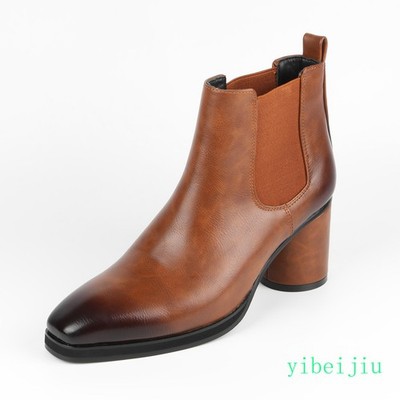 modern British Mens Mid Cylinder Heel Ankle Boots Chelsea Leather Shoes Pull On