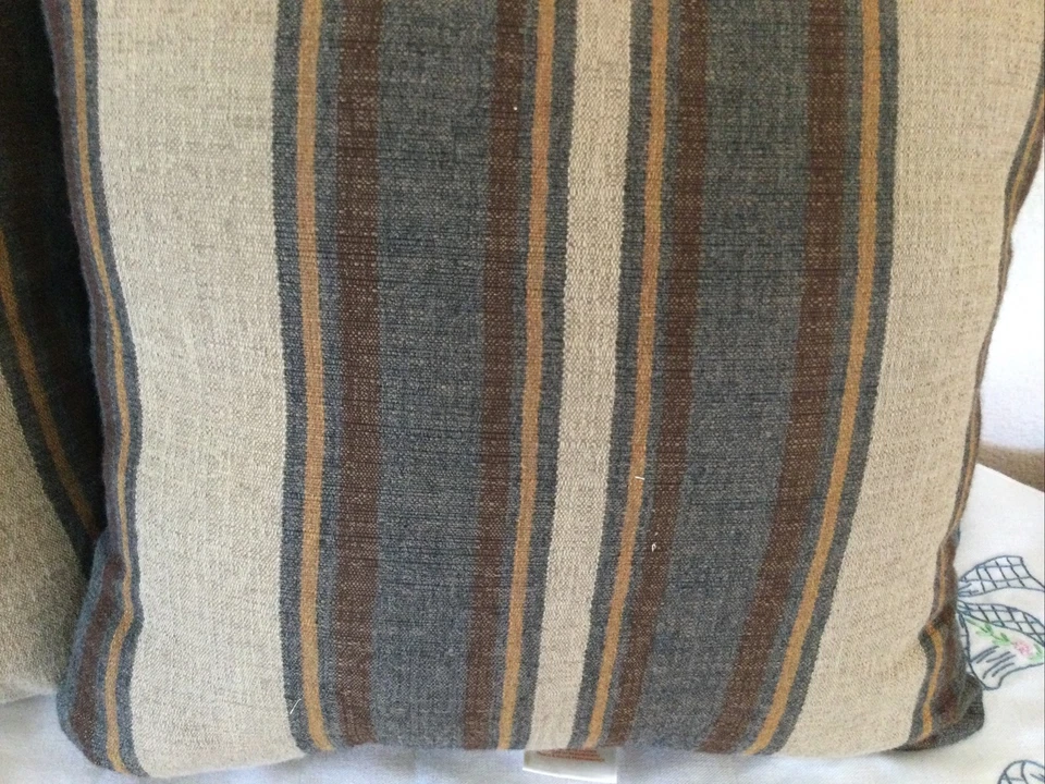 Sunbrella Outdoor Throw Pillows Square Set Of 2 Tan Beige Brown Striped 15" - Image 3 of 4