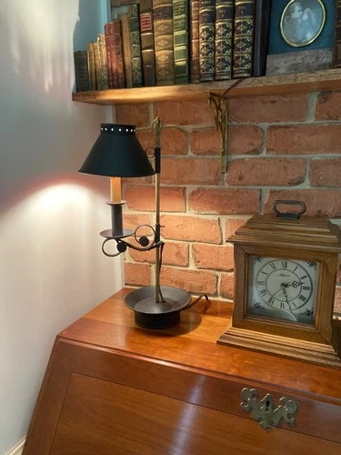 Handcrafted 20” adjustable height table lamp w/metal shade, primitive, colonial