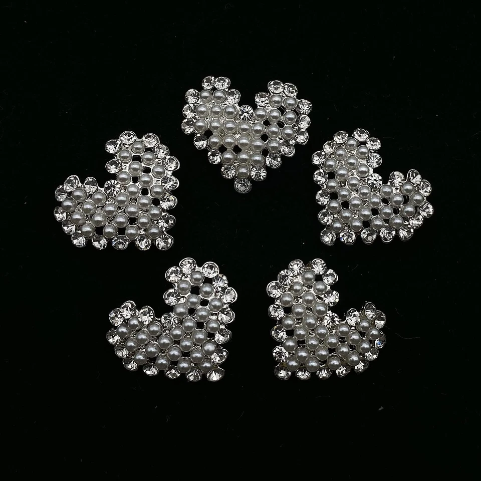 5 Pcs Heart Shaped Sliver Rhinestone and Pearls Sew on Buttons Embellishments... - Image 4 of 4