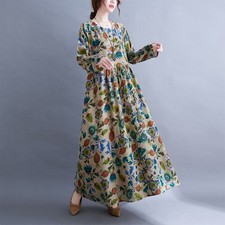 1-Women Loose Dress Vintage Printed Long Sleeves Round Neck High Waist YWFG