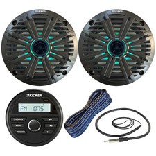 Kicker KMC2 Gauge Stereo Receiver, 2x 6.5" LED Speaker w/Grilles, Wire, Antenna