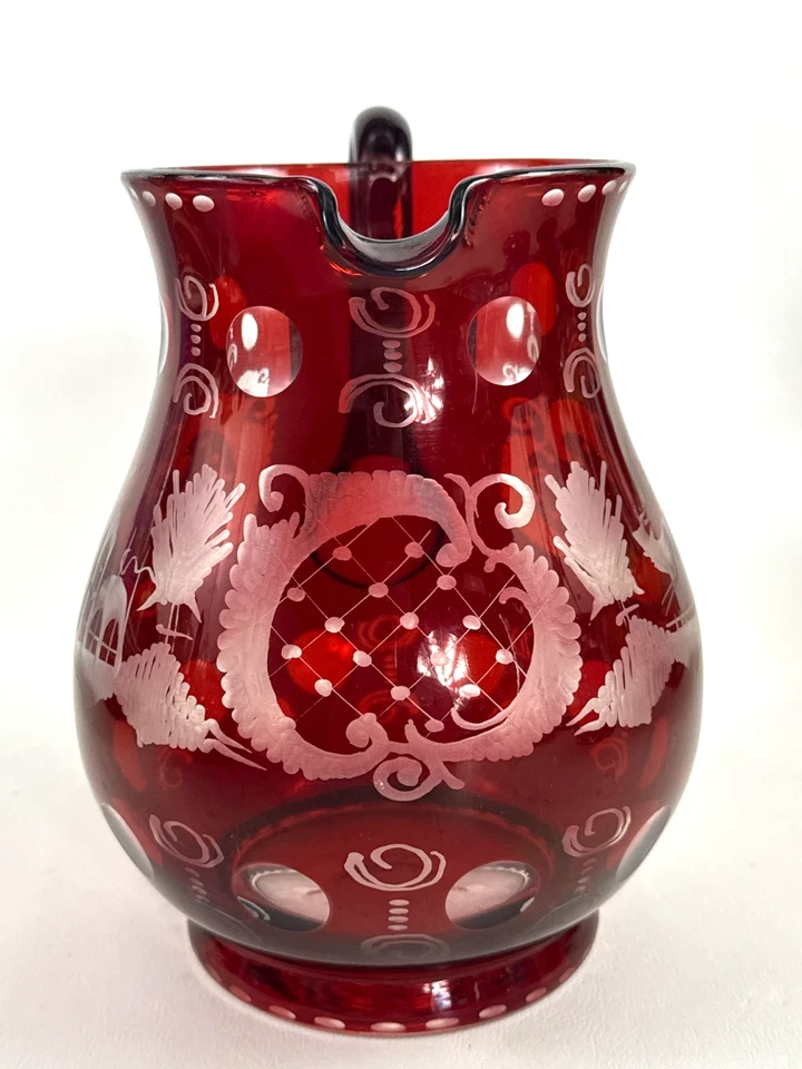 Antique Egermann ruby/clear glass pitcher STAG & CASTLE Czech Bohemian c.1920+ - Image 4 of 4