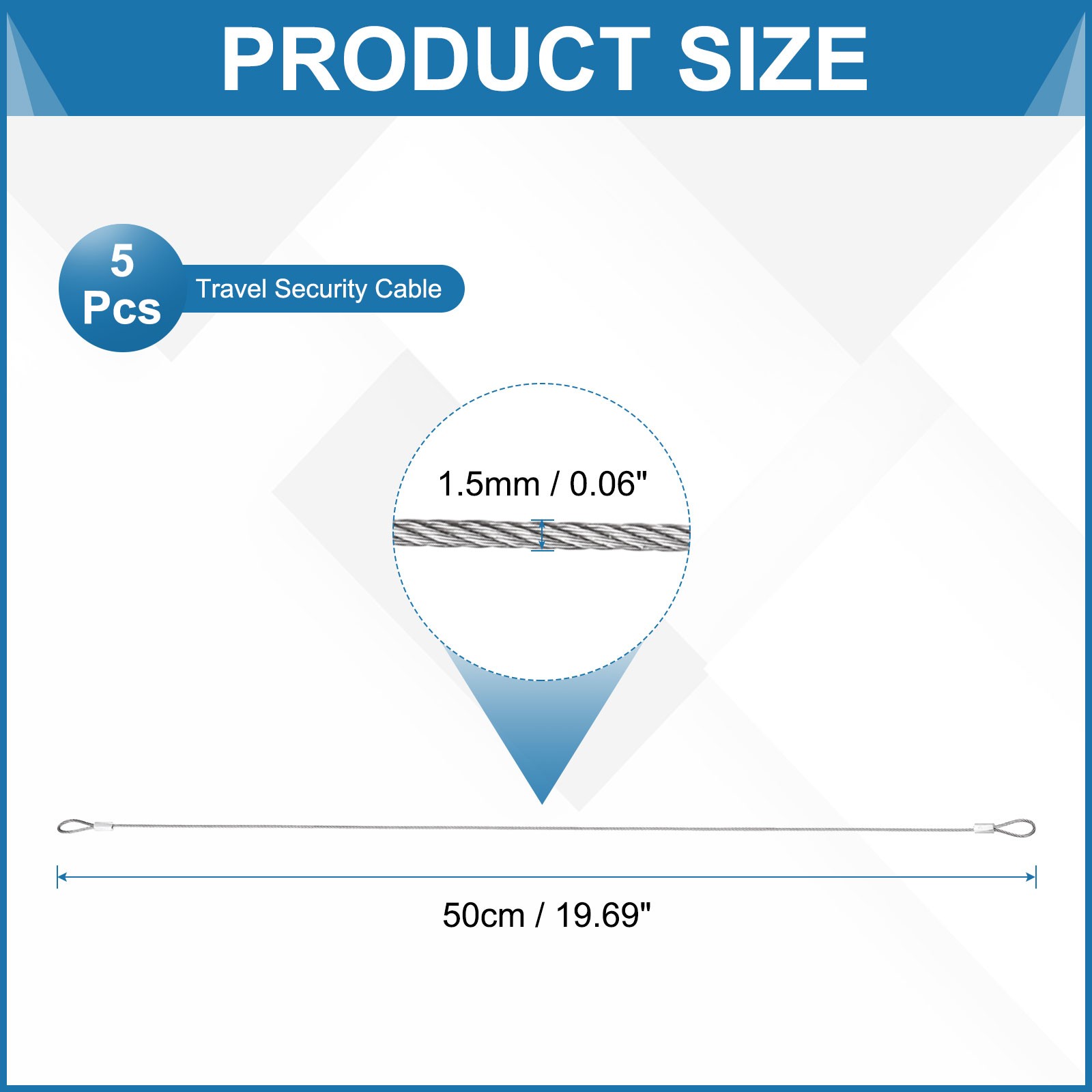 1.5mmD x 20"L Travel Security Cable, 5PCS Luggage Cable with Loop Ends, Silver