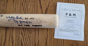 Whitey Ford Autographed Game Used Bat. Cy Young '61 -  COA  P & M
