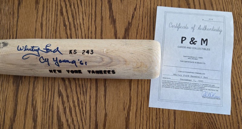 Whitey Ford Autographed Game Used Bat. Cy Young '61 -  COA  P & M