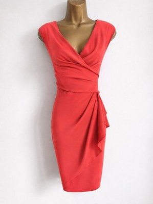Coast Size 14 Coral Red Wrap Style Midi Dress Pencil Occasion Cocktail Party