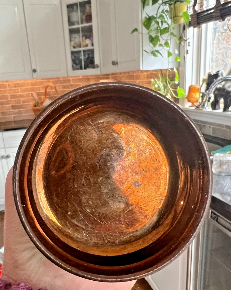 Antiguo brillo de cobre con patas Master Salt con banda azul siglo XIX  Foto 2 de 3