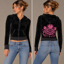 Juicy Couture Y2K Hoodie Womens XS Black Velour Full Zip Pink Crest Graphic