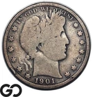 1901-S Barber Half Dollar 50C Silver Coin, Better Date