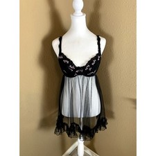 Victoria  s Secret Black Sheer Mesh Babydoll Lingerie Chemise 36C Pink Script
