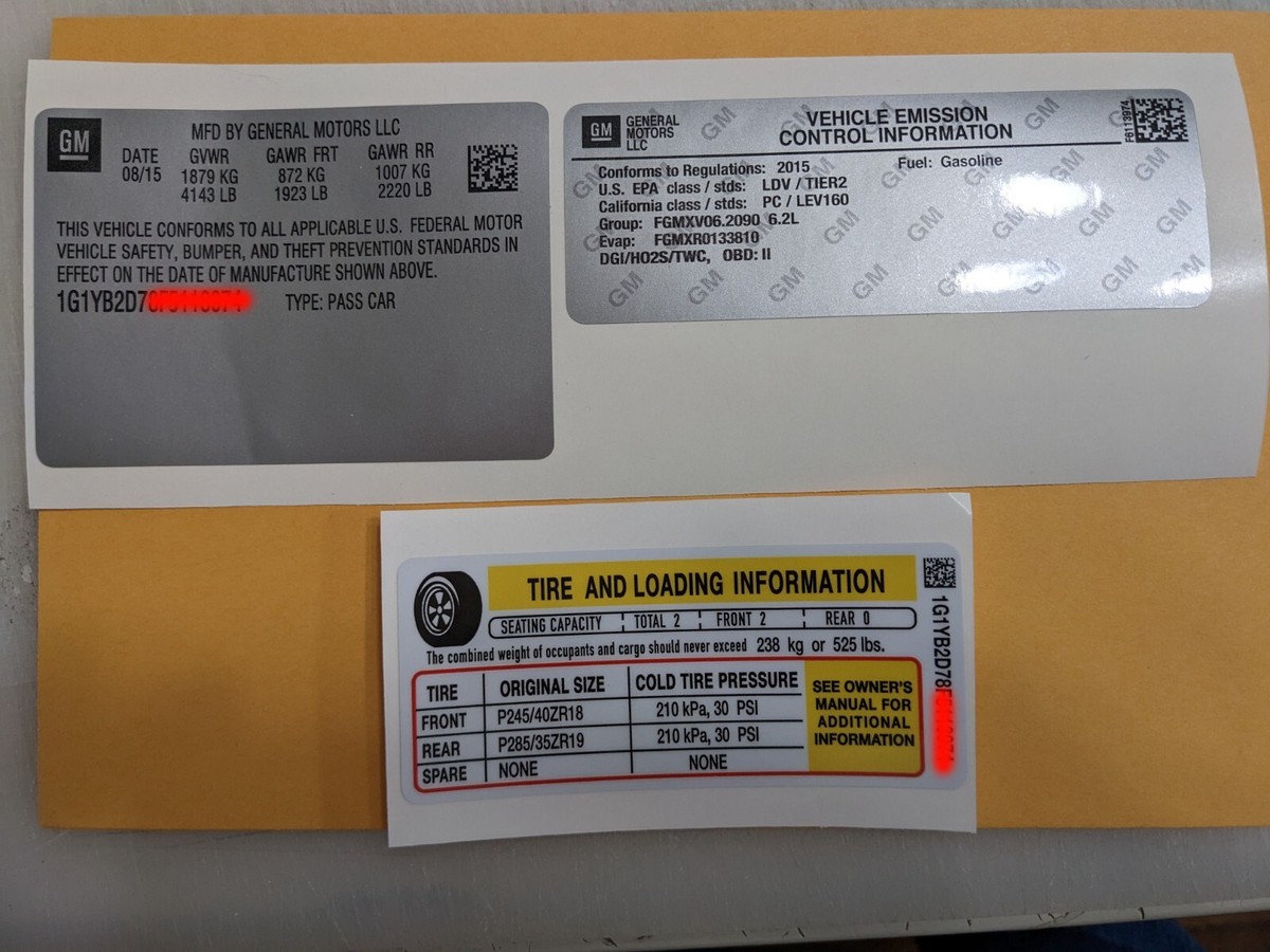 GM CHEVROLET FORD CHRYSLER TIRE LOADING INFORMATION OR MFG