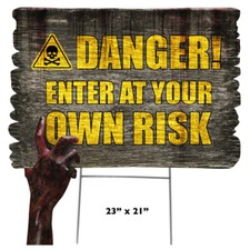 DANGER Faux Wood Staked Plastic Outdoor Halloween YARD SIGN with Zombie Hand