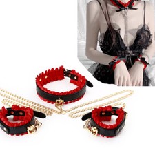 Gold Chian Handcuffs to Collar BDSM Bondage Woman Slave Restraint Set Clock
