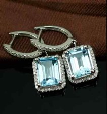 3CT Emerald Cut LabCreated Aquamarine Drop Dangle Earring 14K White Gold Plated