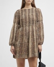 Ganni Long Sleeve Smocked Dress  Light Brown Snakeskin Print Size 38 Us Size 6 
