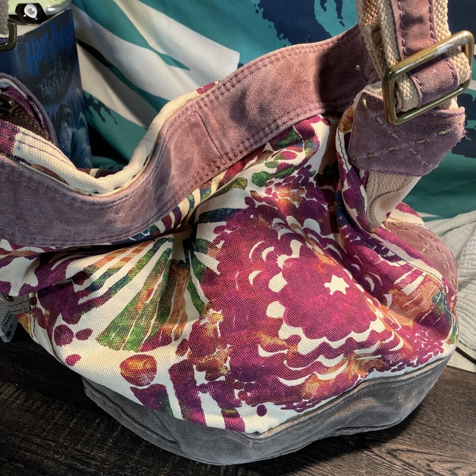 LUCKY BRAND Floral Sun Canvas Suede crossbody purse tote bag boho Large