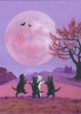 ACEO Print of painting RYTA APRIL pink Moon Black Cat Halloween Folk art pagan
