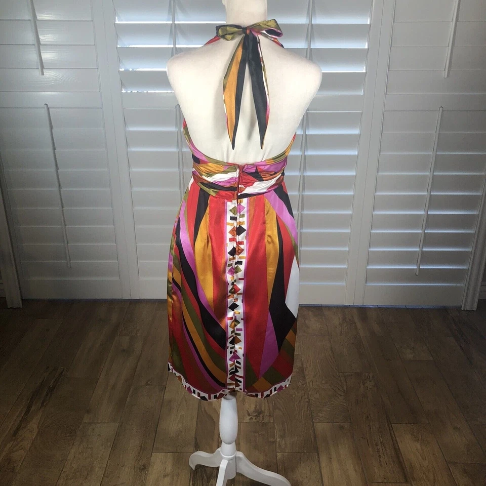 复古 90 年代橡胶鸭吊带连衣裙女式 S 码粉色紫色缎面几何图案 — 第 4/4 张图片