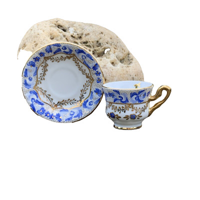 Miniatur Tasse Untertasse blau weiß Bone China