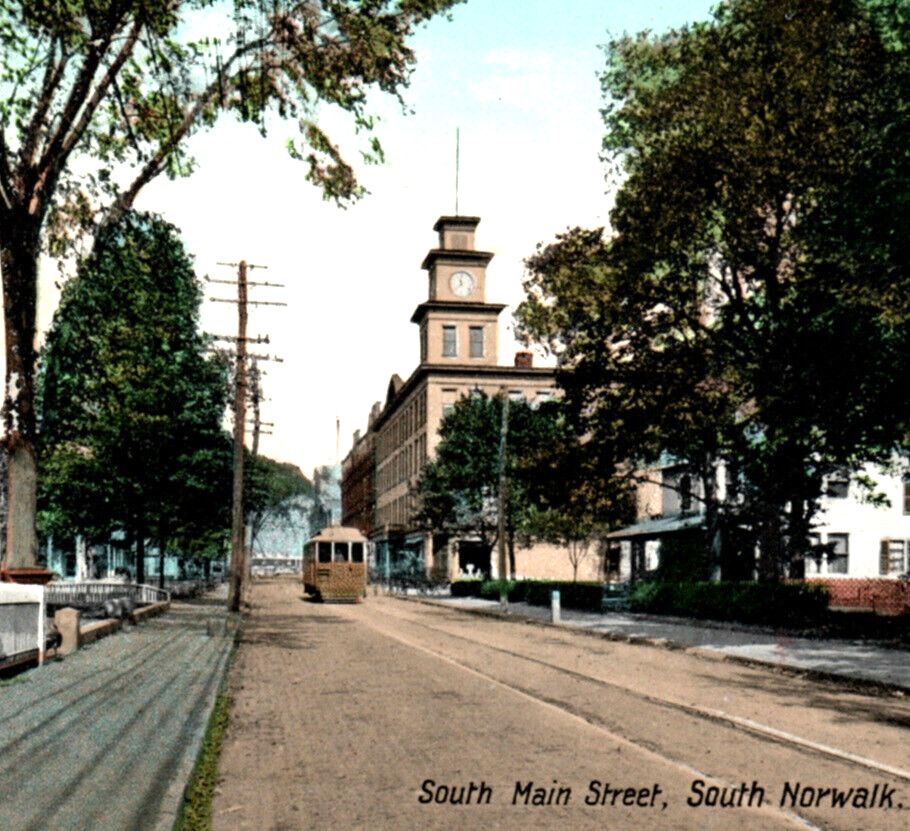 South Norwalk CT Connecticut Main Street Car Clock Tower Postcard